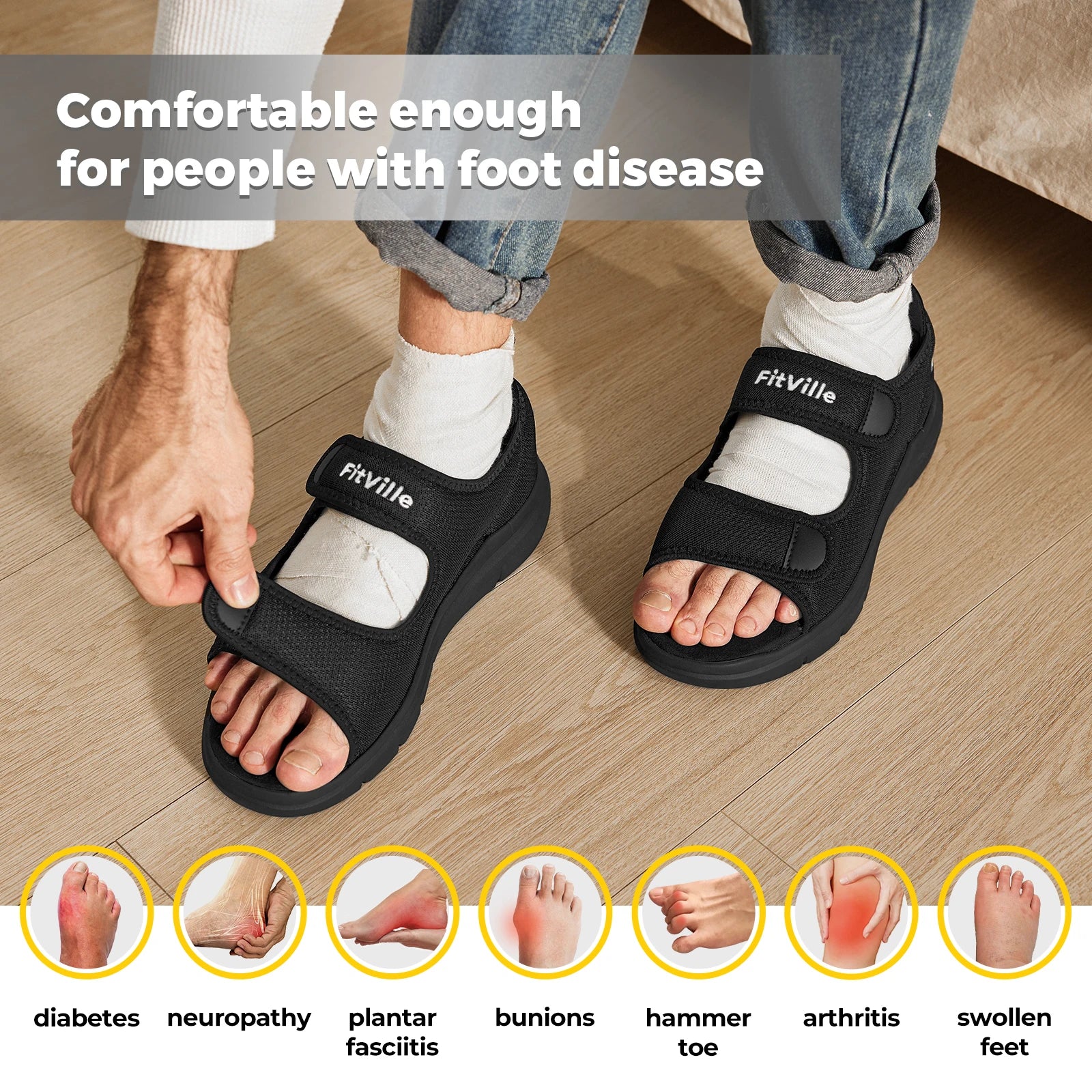 FitVille Men'S Sandals Summer Flat Shoes Widened Elderly Casual Shoe Breathable Lightweight For Plantar Fasciitis Pain Relief