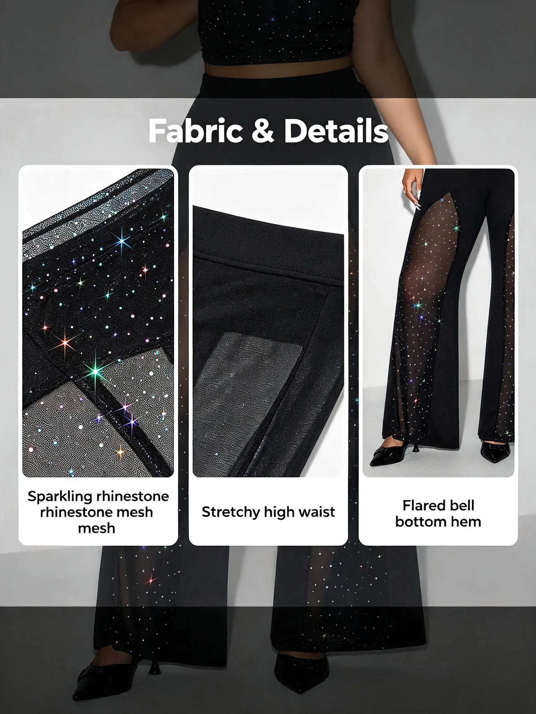 Plus Size Women Mesh Rhinestone Flare Pants High Waist See Through Sparkly Bell Bottom Trousers Night Club Party Black Pants