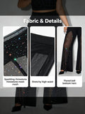 Plus Size Women Mesh Rhinestone Flare Pants High Waist See Through Sparkly Bell Bottom Trousers Night Club Party Black Pants