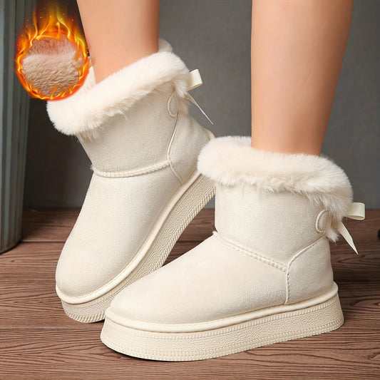 Women Winter Furry Trim Snow Boots Bow Decor Platform Thick Sole Ankle Booties Suede Warm Lined Slip On Non Slip Casual Short Boots for Daily Outdoor Cold Weather Available in White Camel Black Multi Colors Fashion Ladies War