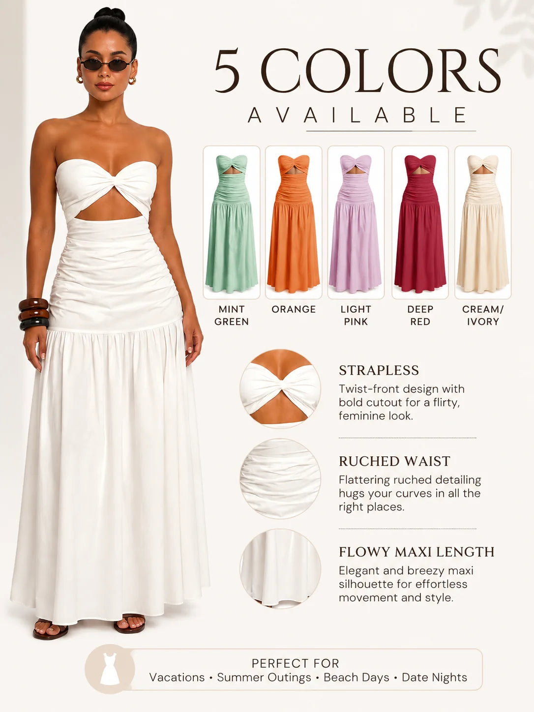 Women Strapless Twist Cutout Maxi Dress Ruched Waist Flowy A Line Long Tube Top Dress Summer Beach Vacation Casual Sundress
