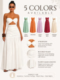 Women Strapless Twist Cutout Maxi Dress Ruched Waist Flowy A Line Long Tube Top Dress Summer Beach Vacation Casual Sundress