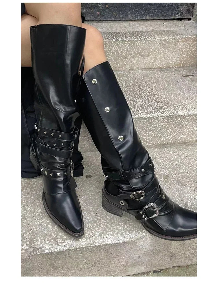 Woman Black Punk Knee High Platform Low Heel Trend Punk Gothic New Rock Leather Fashion Women Chunky Knight Motorcycle Footwear