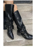 Woman Black Punk Knee High Platform Low Heel Trend Punk Gothic New Rock Leather Fashion Women Chunky Knight Motorcycle Footwear