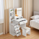 Vanity Desk Makeup Vanity Desk with Mirror and Lights, Makeup Vanity Set with Drawers, Stool and Open Shelves, 3 Color Lighting Modes Brightness Adjustable Dressing Table for Bedroom