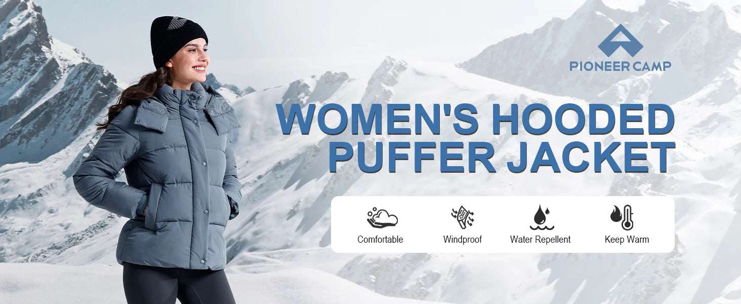 Pioneer Camp Women's Quilted Puffer Jacket, Warm Winter Coat Insulated Full Zip Hooded Jacket Pockets Outerwear Casual