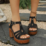 2026 Summer Women T-Strap Platform Block Heel Sandals Hollow Out Cutout Adjustable Buckle Ankle Strap Lug Thick Sole Non Slip Chunky High Heels Vintage Retro Party Club Daily Vacation Dating Shoes Black White Apricot Plus Siz