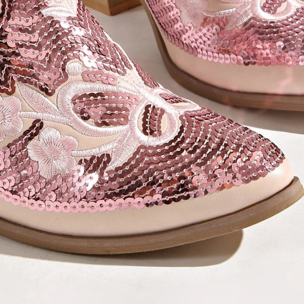 Women Pointed Toe Sequins Embroidery Western Cowboy Ankle Boots, Side Zipper Block Heel Autumn Y2K Fashion Short Heeled Booties