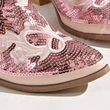 Women Pointed Toe Sequins Embroidery Western Cowboy Ankle Boots, Side Zipper Block Heel Autumn Y2K Fashion Short Heeled Booties