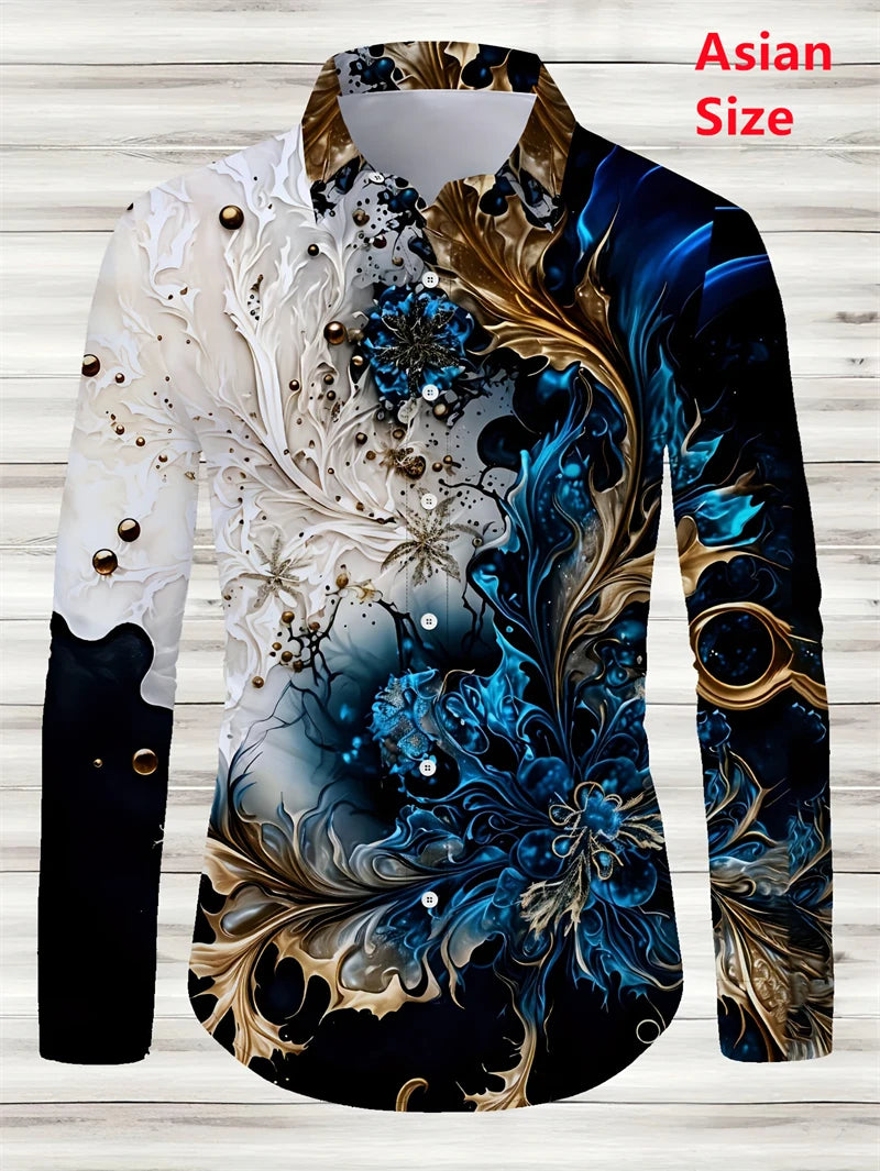 2025 Spring Mens Shirts Fashion Retro Street Texture Printed Shirts Men's Long-sleeved Lapel Shirt Shirt Top Office Clothing