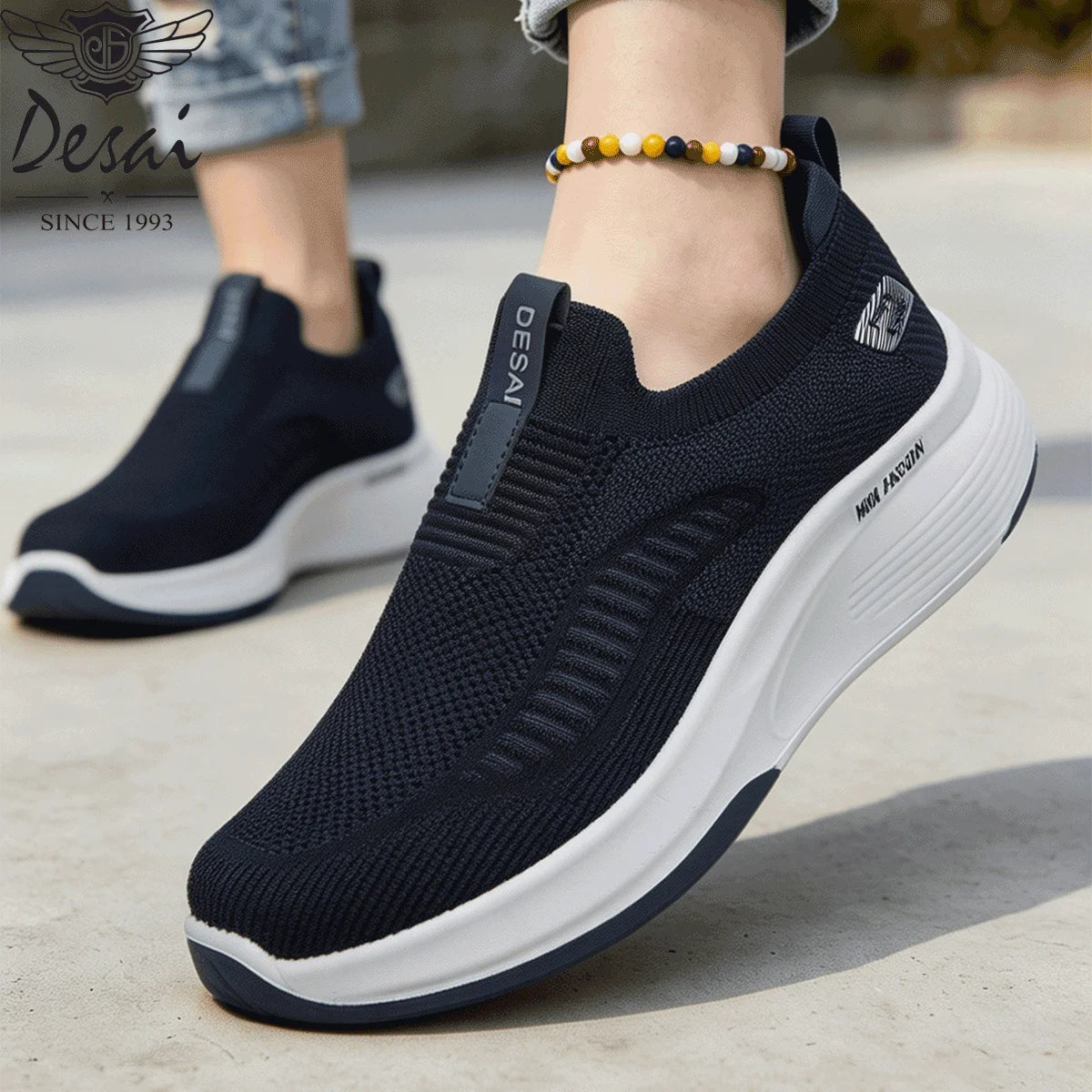 Desai Men's Wide Width Knit Slip-on Sneakers Max Cushion Walking Shoes Lightweight Breathable