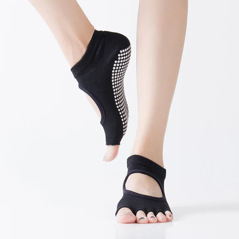 Women Backless Five Toe Yoga Socks Non-Slip Cotton Ladies Dance Ballet Socks Open Half Breathable Fitness Sport Sock for Pilates