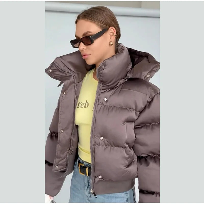 Winter Hooded Jacket Short Top Cropped Drawstring Waist Coat Woman Long Sleeve Warm Quilted Out Jackets Streetwear Lady Clothes