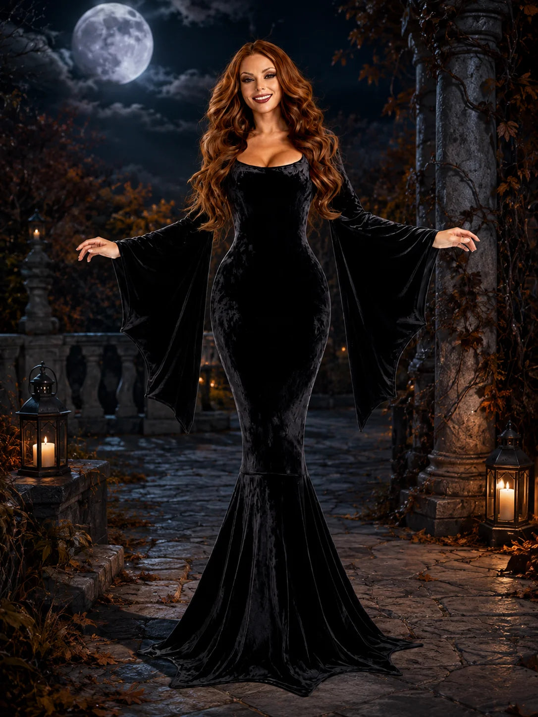 Women Gothic Velvet Mermaid Maxi Dress Bat Flared Long Sleeve Bodycon Gown Dark Witch Vampire Costume Halloween Cosplay Party Outfit
