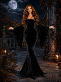 Women Gothic Velvet Mermaid Maxi Dress Bat Flared Long Sleeve Bodycon Gown Dark Witch Vampire Costume Halloween Cosplay Party Outfit