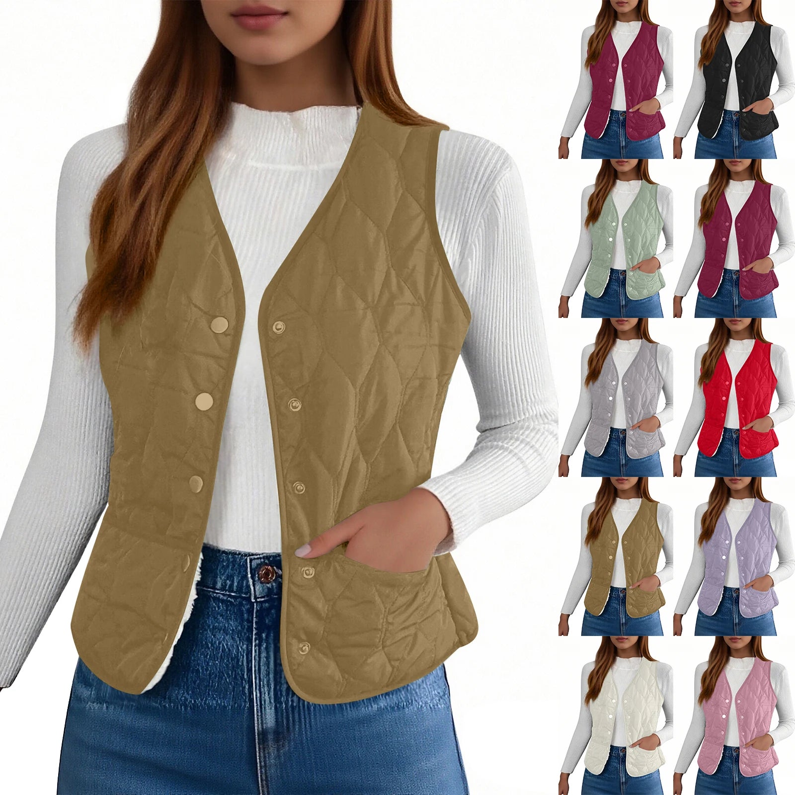 Women's Warm Vest Lightweight Slim Short Single-Breasted Cold-Proof Vests Winter Outdoor Sports Hiking Vests with Pockets