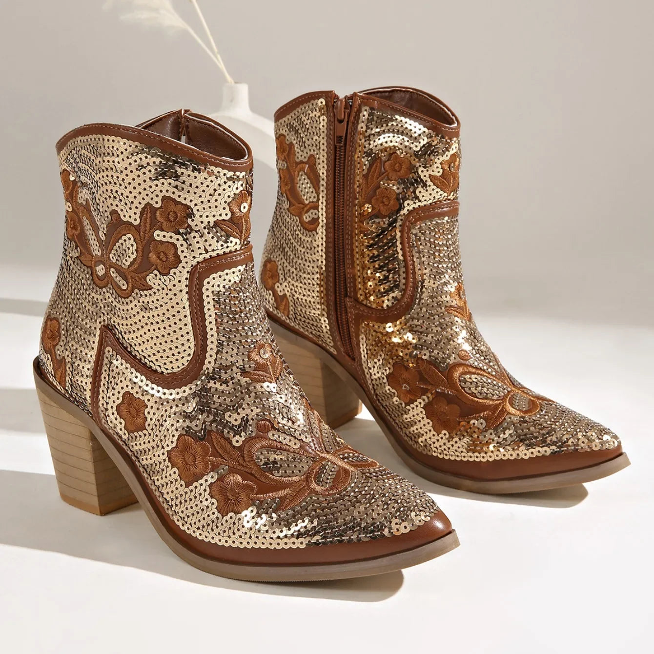 Women Pointed Toe Sequins Embroidery Western Cowboy Ankle Boots, Side Zipper Block Heel Autumn Y2K Fashion Short Heeled Booties