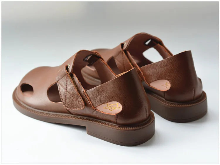 Summer Men's Shoes Flat Full Real Leather Sandal Cowhide Black Casual Old-fashioned Retro Outdoor Men's Sandals Old Man