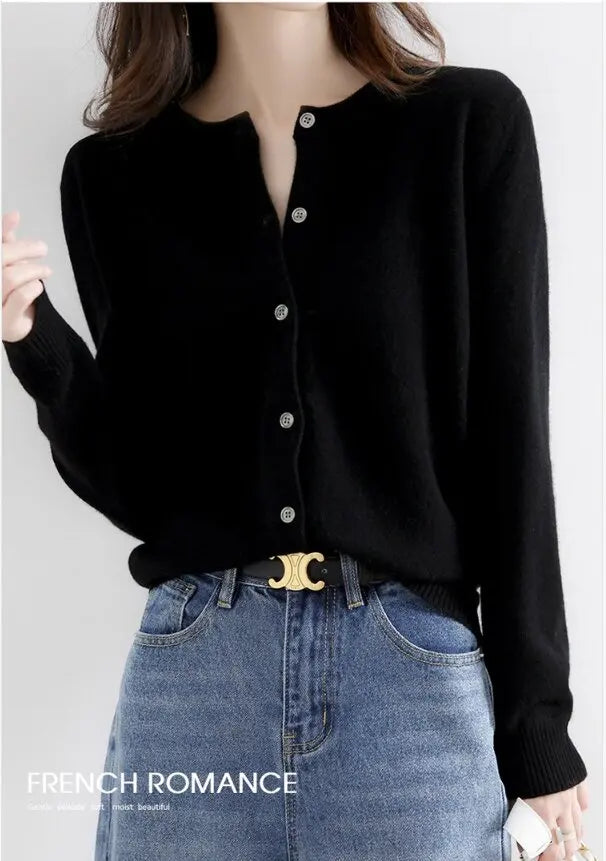 Women Knitted Cardigans Autumn Winter 2025 Round Neck Casual Long Sleeve Tops Solid Basic Soft Sweaters Female