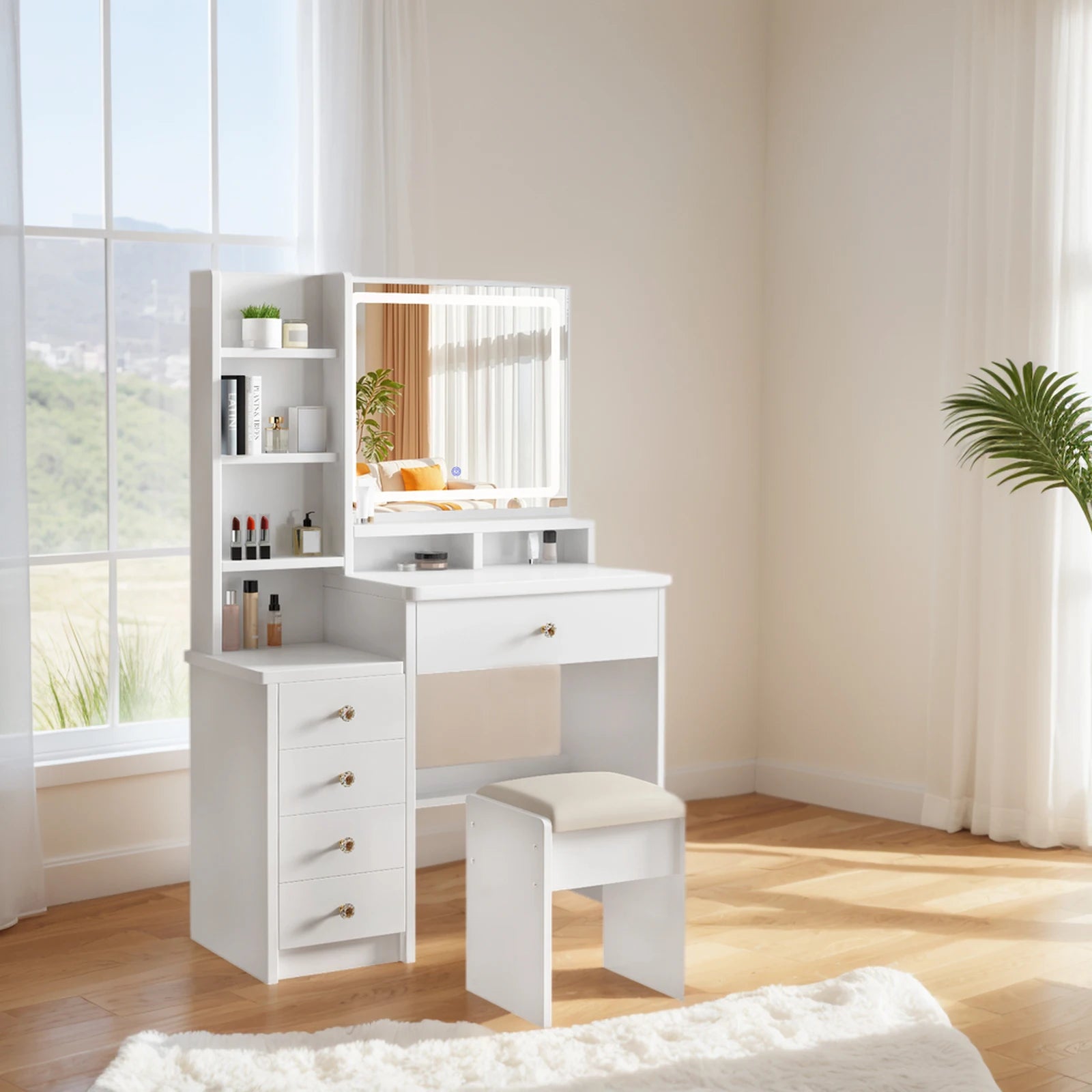 Vanity Desk Makeup Vanity Desk with Mirror and Lights, Makeup Vanity Set with Drawers, Stool and Open Shelves, 3 Color Lighting Modes Brightness Adjustable Dressing Table for Bedroom