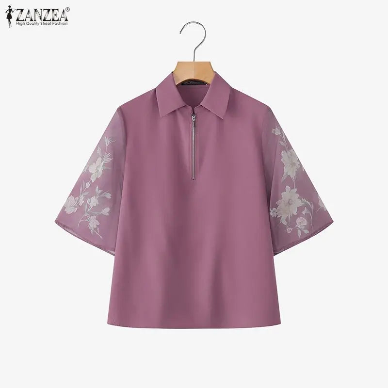 ZANZEA Summer 2026 Women's Elegant Blouses Turn-Down Collar Half-Zip Floral Print 3/4 Sleeves Patchwork Shirts Woman Clothes 3XL
