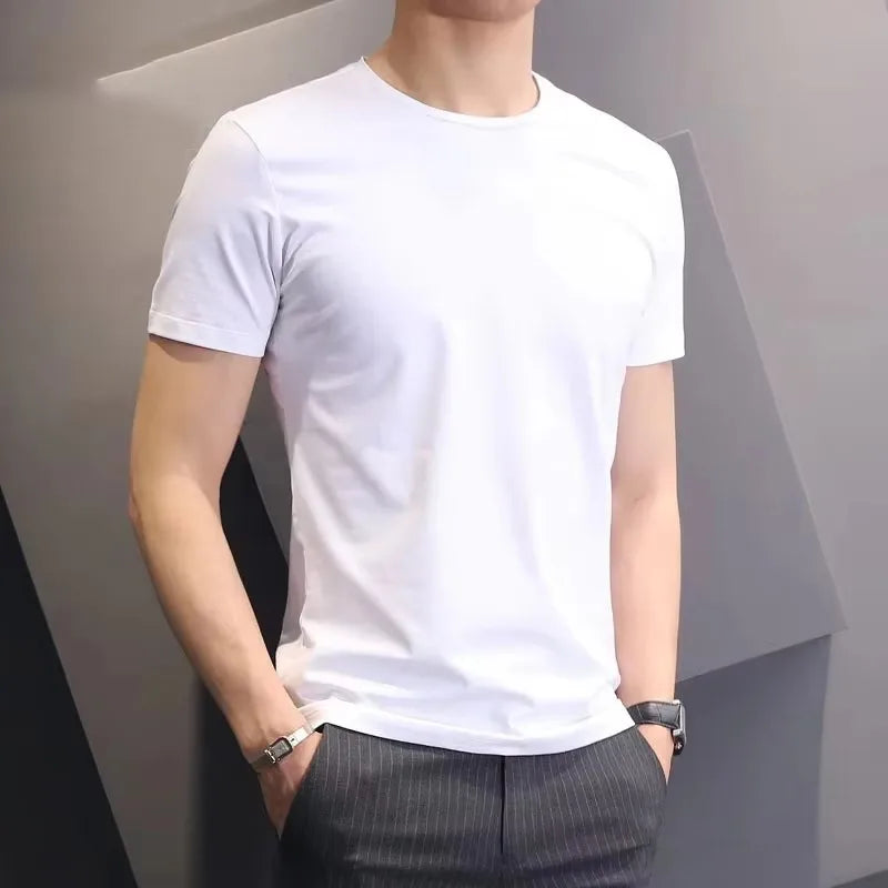 Men T-shirts White Black Short Sleeve Loose Round Neck Bottoming Shirts Trendy Casual Solid Color Pullover Tops Male Clothing