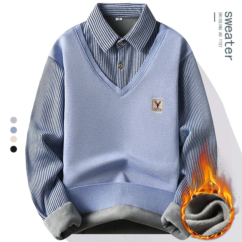 Mens Polo Sweater Shirt Collar Knit Pullover Autumn Winter Fleece T-shirt Casual Sweaters Navy Blue Khaki Korean Clothing