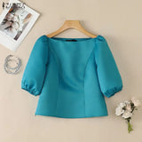 ZANZEA Elegant Princess Seams Satin Blouses Woman Boat Neck Puff Sleeves Solid Color Party Crop Tops Summer Graceful Blusa Mujer