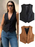 HH Elegant Womens Minimalist Solid Color Suit Vest Fitted Waist V Neck Office Workwear Business Waistcoat Casual Streetwear Tops