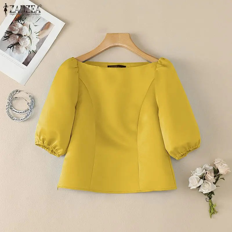 ZANZEA Elegant Princess Seams Satin Blouses Woman Boat Neck Puff Sleeves Solid Color Party Crop Tops Summer Graceful Blusa Mujer