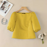 ZANZEA Elegant Princess Seams Satin Blouses Woman Boat Neck Puff Sleeves Solid Color Party Crop Tops Summer Graceful Blusa Mujer