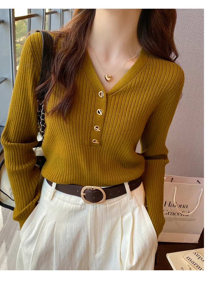 2026 Casual Slim Button Knitted Pullover Autumn Winter Women Sweaters Sweater Femme Basic Solid Jersey Tops Fashion Clothes
