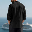 Men White Linen Button Down Long Sleeve Shirt Mandarin Collar Chest Pocket Roll Tab Cuff Loose Oversized Breathable Textured Beach Vacation Casual Holiday Top