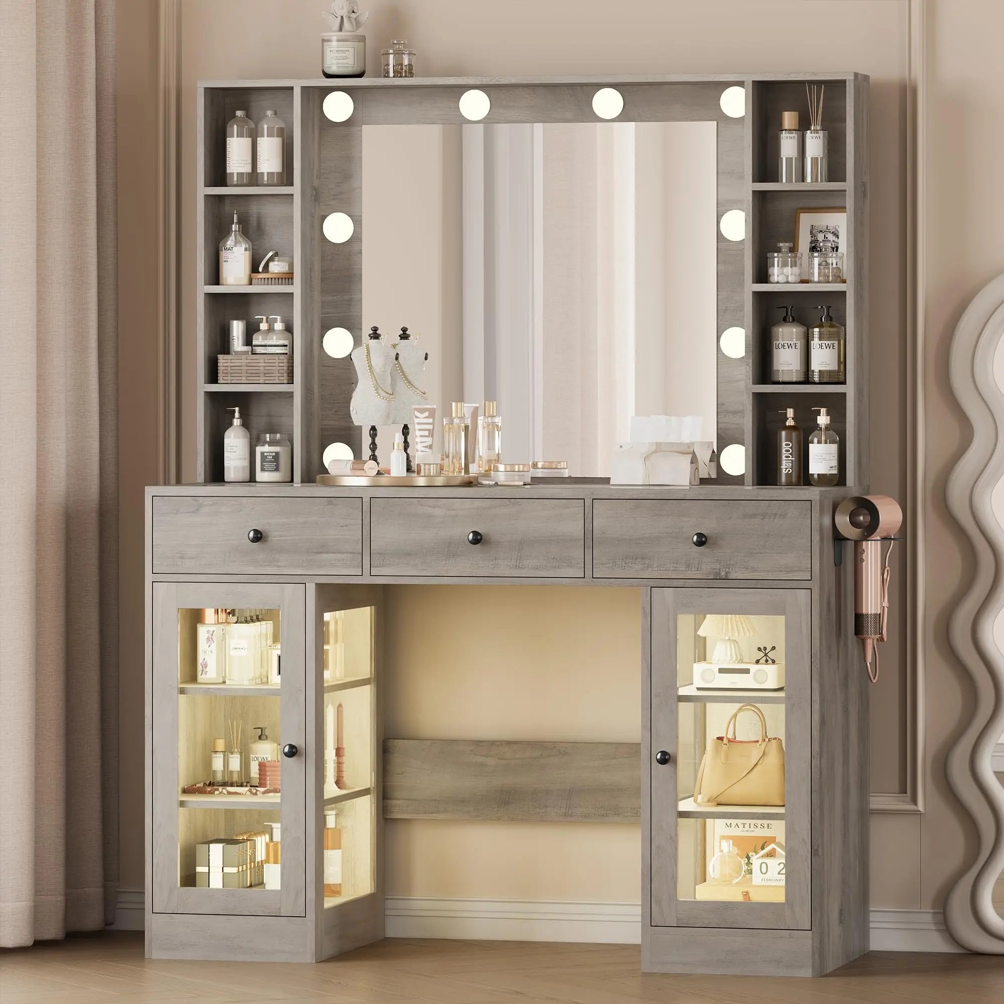 Makeup Vanity Desk with Mirror and Lights, Black Vanity with Glass Top, LED Lights & Power Outlet, 3 Drawers & 2 RGB