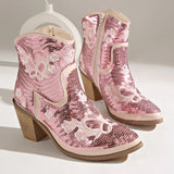 Women Pointed Toe Sequins Embroidery Western Cowboy Ankle Boots, Side Zipper Block Heel Autumn Y2K Fashion Short Heeled Booties