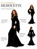 Women Gothic Velvet Mermaid Maxi Dress Bat Flared Long Sleeve Bodycon Gown Dark Witch Vampire Costume Halloween Cosplay Party Outfit