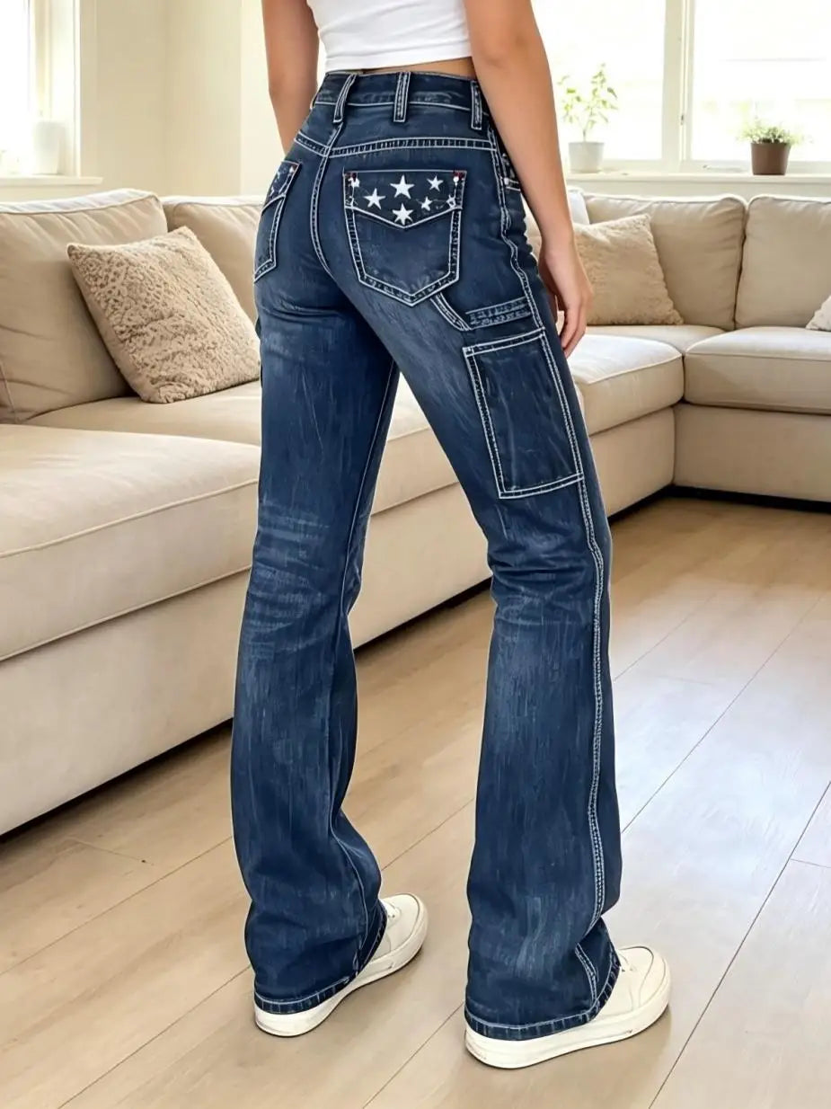 【HME】Jeans | Women Contrast Stitching Denim Pants, Mid‑Rise Flare Workwear Jeans, Star Embroidered Back Pockets, Side Cargo Patch Pockets, Wrinkle Cat‑Whisker Wash, Dark Blue & Black‑Grey Two‑Tone, American Y2K Re