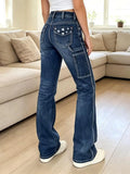 【HME】Jeans | Women Contrast Stitching Denim Pants, Mid‑Rise Flare Workwear Jeans, Star Embroidered Back Pockets, Side Cargo Patch Pockets, Wrinkle Cat‑Whisker Wash, Dark Blue & Black‑Grey Two‑Tone, American Y2K Re