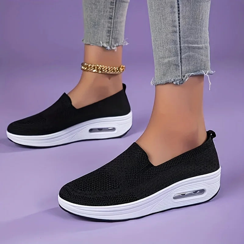 Women Slip On Air Cushion Walking Shoes Breathable Mesh Upper Platform Sneakers Non Slip Soft Sole Casual Loafers Ladies Lightweight Comfort Footwear for Daily Work Travel Outdoor Walking Nursing Shopping White Black Gray Pin