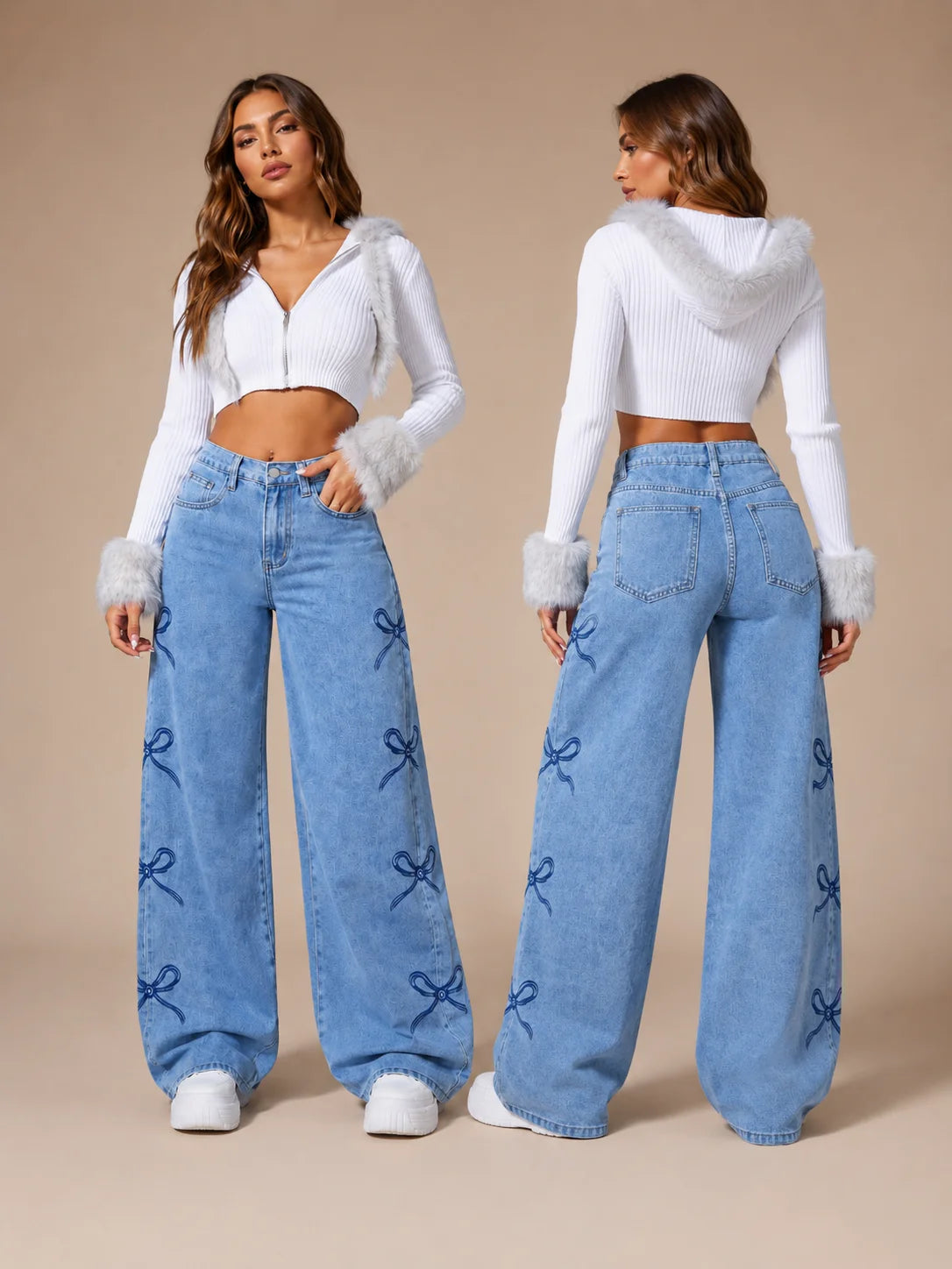 Y2K Bow Embroidery Wide Leg Jeans for Women, High Rise Vintage Light Wash Baggy Denim Trousers Trendy Casual Streetwear Daily Pants