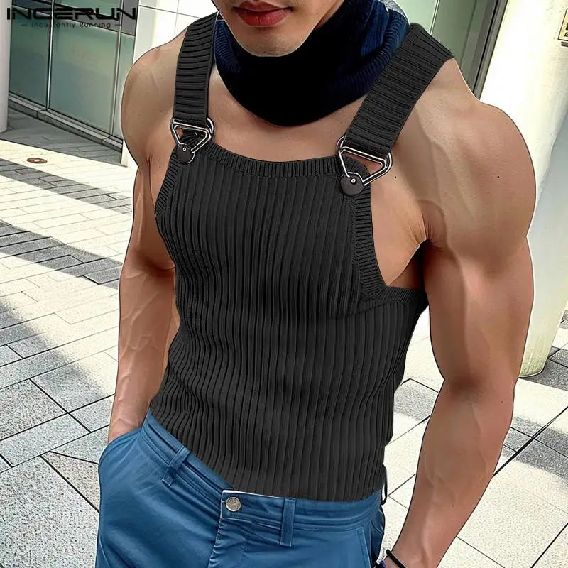 2024 Men's Tank Tops Solid Color Knitted Sleeveless Button Streetwear Casual Vests Summer Fitness Fashion Men Clothing INCERUN
