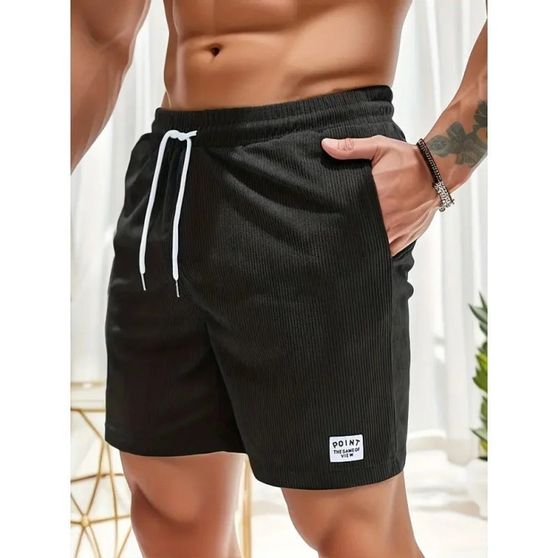 Men Shorts Solid Color Mid Waist Summer Motion Waffle Texture Deep Crotch Drawstring Mens Shorts Loose Knee Length Casual Short
