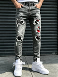 Men's jeans, street hip-hop style graffiti, ripped jeans, distressed washed, slimming, slimming, multifunctional casual versatile slim pants