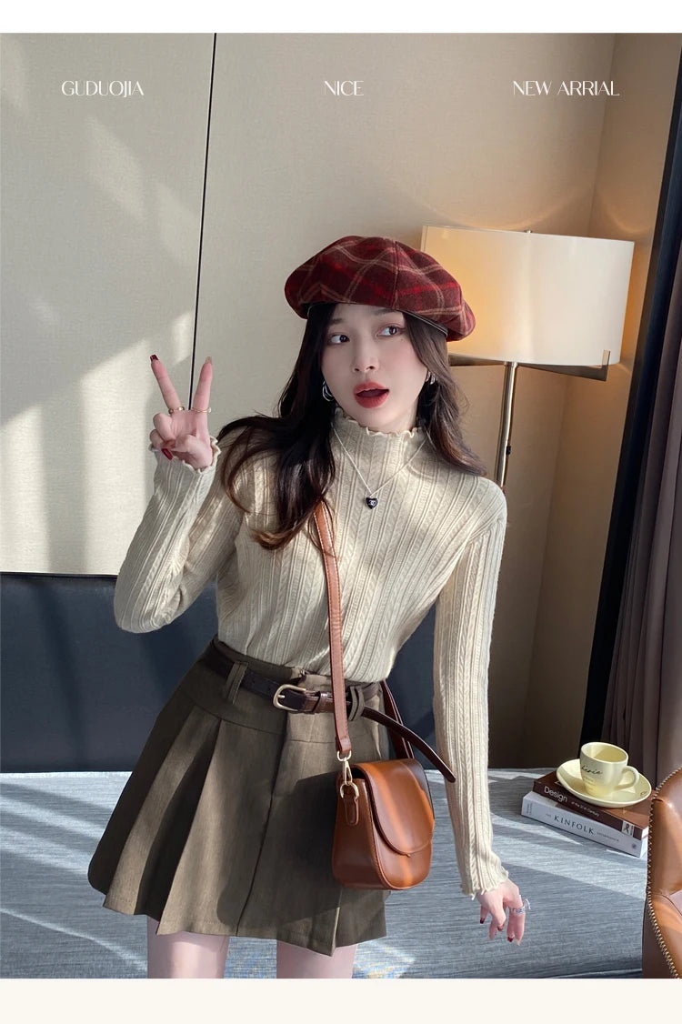 2026 Ruched Turtleneck Women Sweaters Autumn Winter Warm Pullover Slim Tops Knitted Sweater Jumper Soft Pull Female