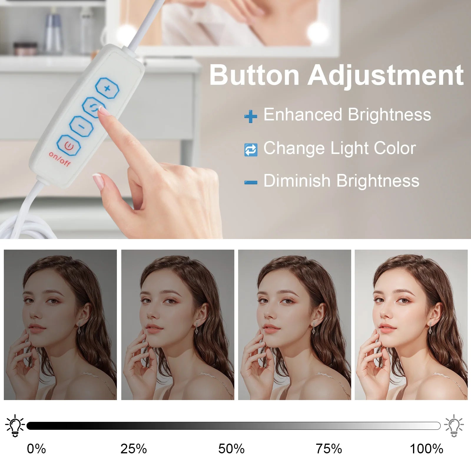 Modern White Dressing Table Stool Set with 3-Color Adjustable LED Light Mirror 4 Drawers For Bedroom Living Room Vanity Table