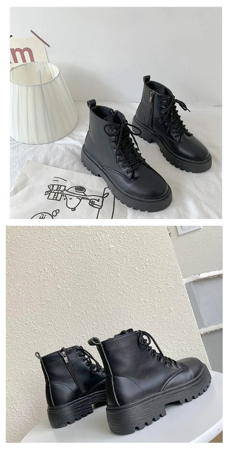 Plus Size 42 43 Women Motorcycle Ankle Boots Wedges Female Lace Up Platforms Black Leather Oxford Shoes Woman 2022 Botas Mujer