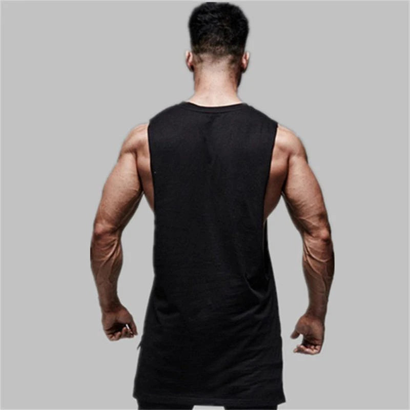 Mens Casual Gym Tank Top Summer Fitness Clothing Cotton Workout Sports Sleeveless Shirt Male Extend Long Singlet Hip Hop Vest
