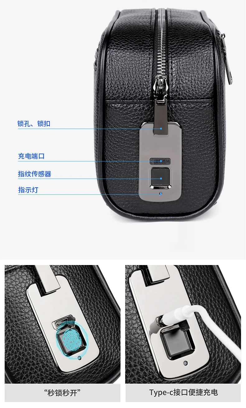 Male Long Money Wallets Mobile Phone Pouch Men Messenger Bag Anti-Theft Men's Fingerprint Lock Bags for Men Leather Hand Bag