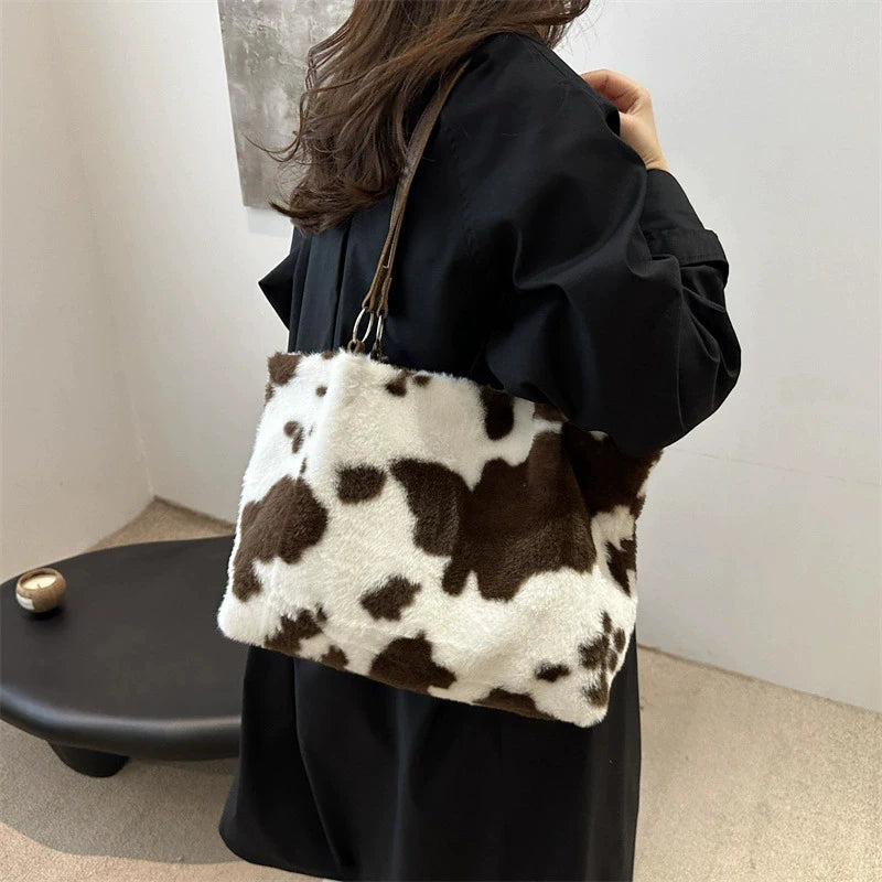 Large Capacity Shopper Bags For Women Winter Travel Tote Bag Cow Printing Plush Shoulder Bag Ladies Handbag Designer Bolsos