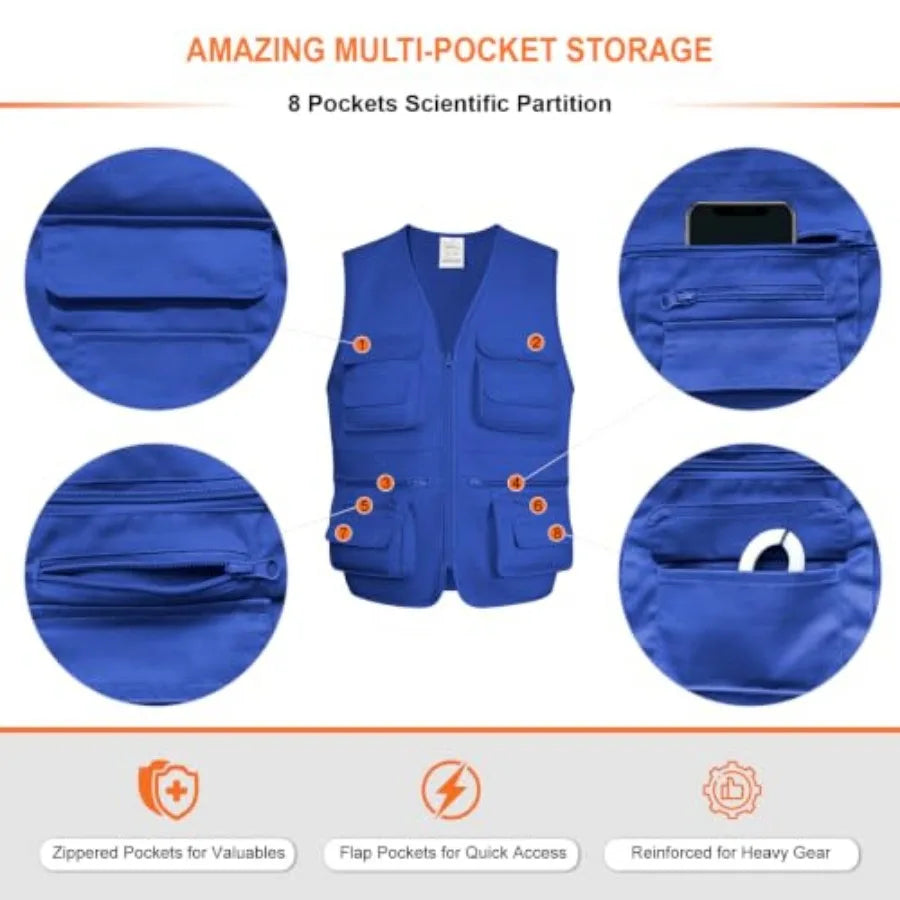 Fishing Vest for Men Outdoor, Utility Safari Cargo Vest With 8 Pockets, Lightweight, Work, Hiking, Travel